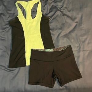 Lululemon Black and Yellow Athletic Tank and Shorts Set